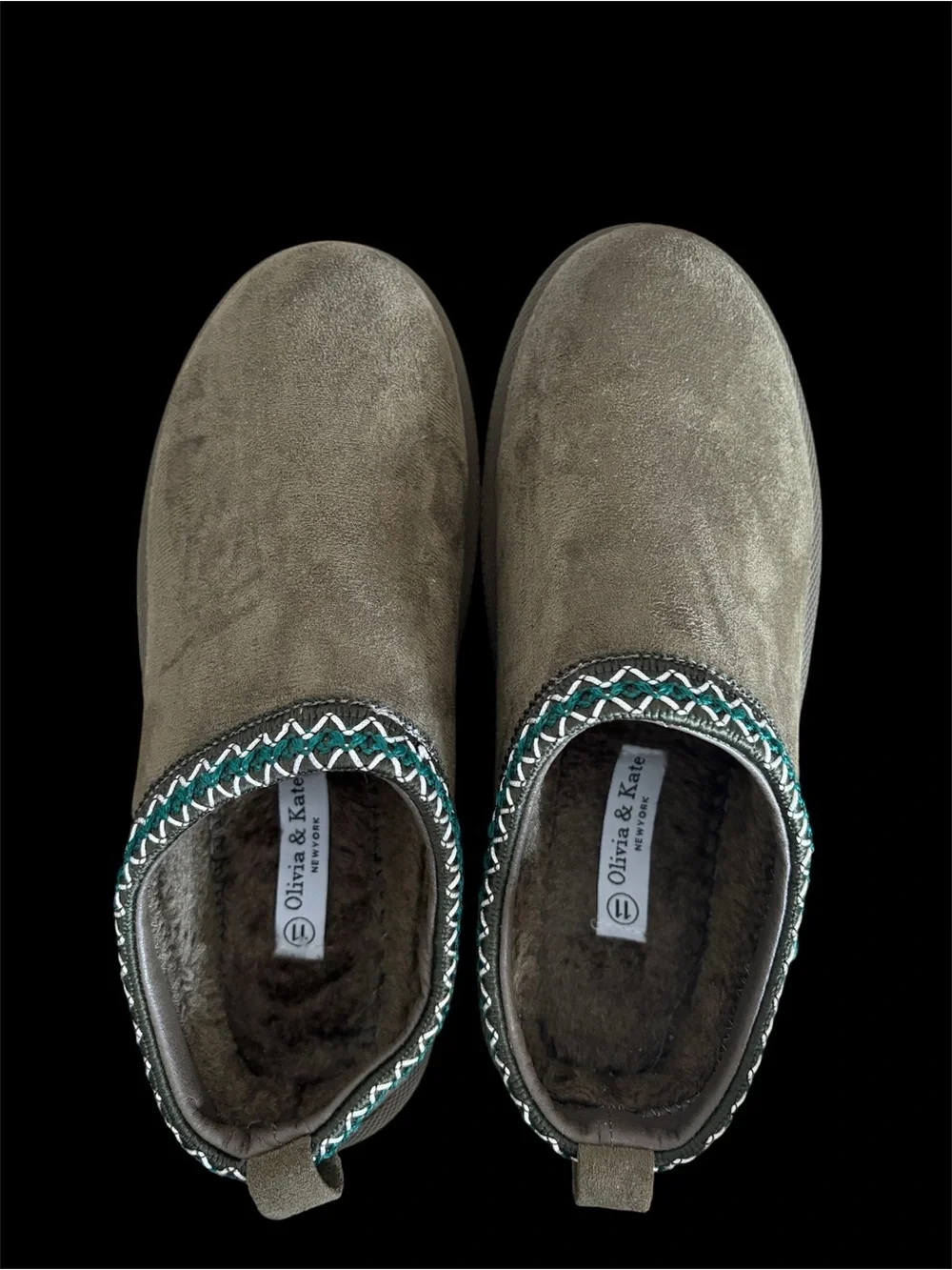 Olivia & Kate Women's Olive Suede Slip-On Slippers - Picture 3 of 4